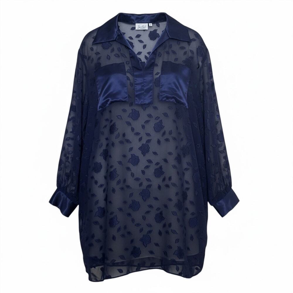 Vintage Lucie Ann Navy Sheer Floral Satin Collar Blouse Long Sleeve USA L